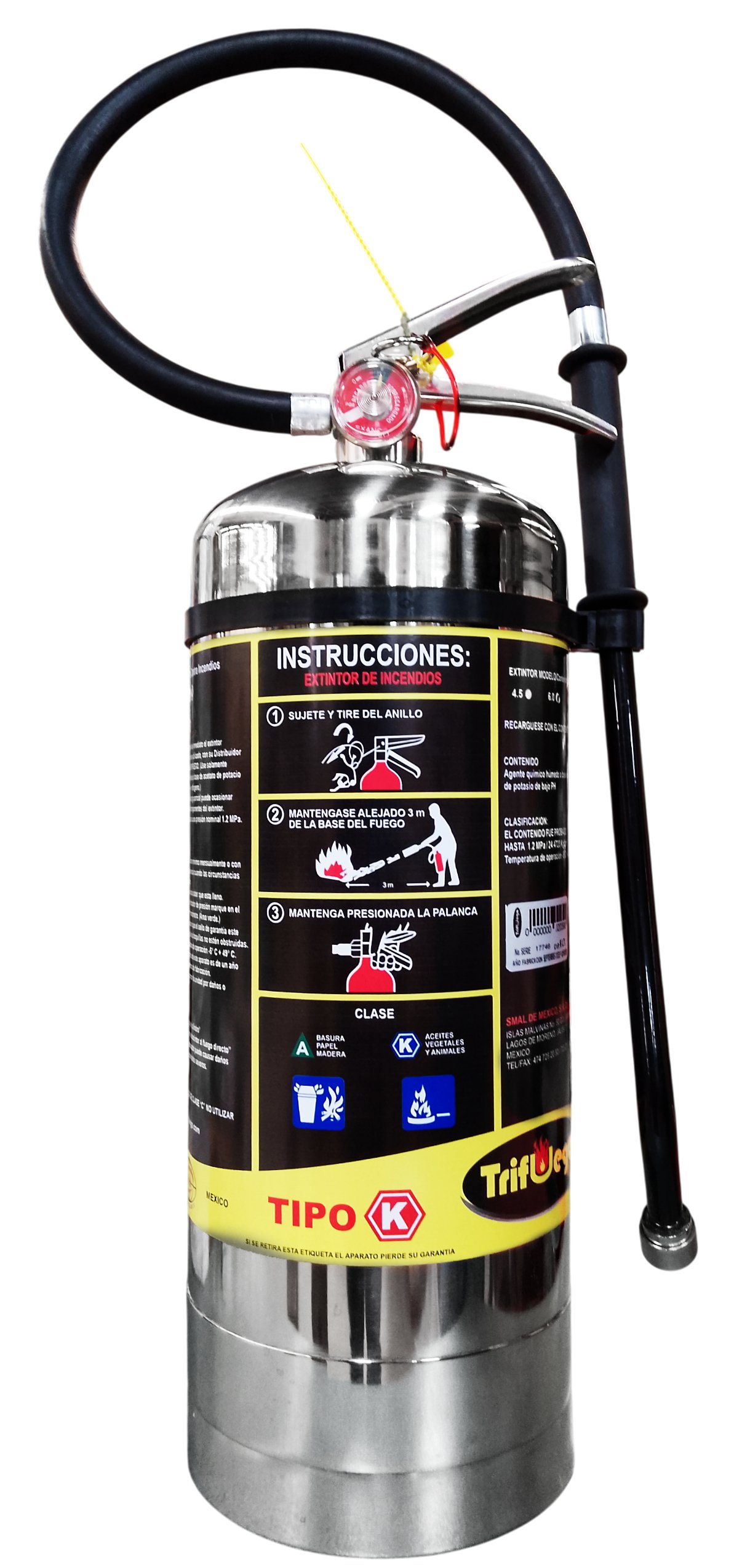 Extintor Tipo K Trifuego 6 L, Acero Inoxidable